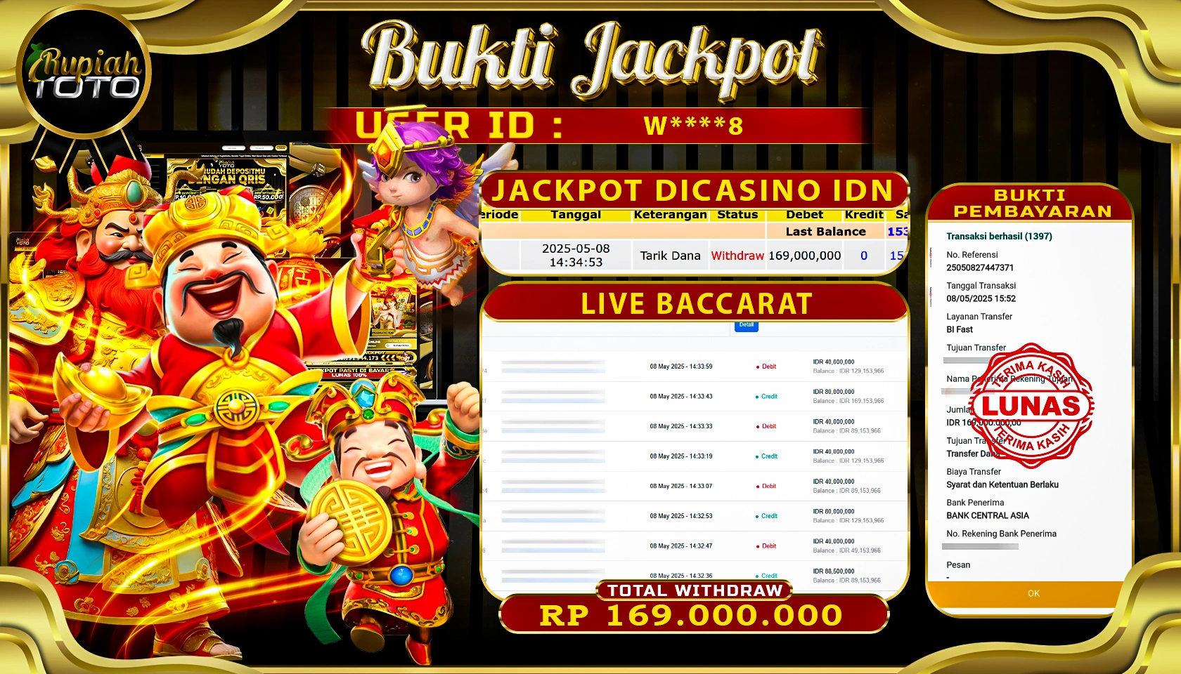 RUPIAHTOTO JACKPOT DI CASINO  IDNLIVE GAME LIVE BACCARAT RP 169.000.000 JUTA RUPIAH LUNAS