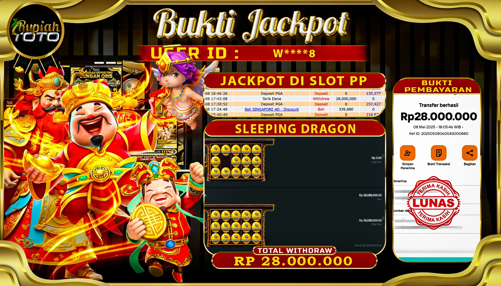 RUPIAHTOTO JACKPOT DI PRAGMATIC PLAY GAME SLEEPING DRAGON RP 28.000.000 JUTA RUPIAH LUNAS