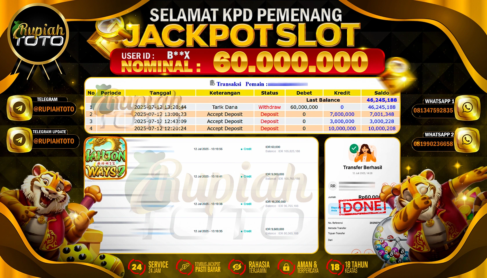 RUPIAHTOTO JACKPOT SLOT DI PG SOFT GAMES MAHJONG WAYS 2 RP 60.000.000 JUTA RUPIAH LUNAS