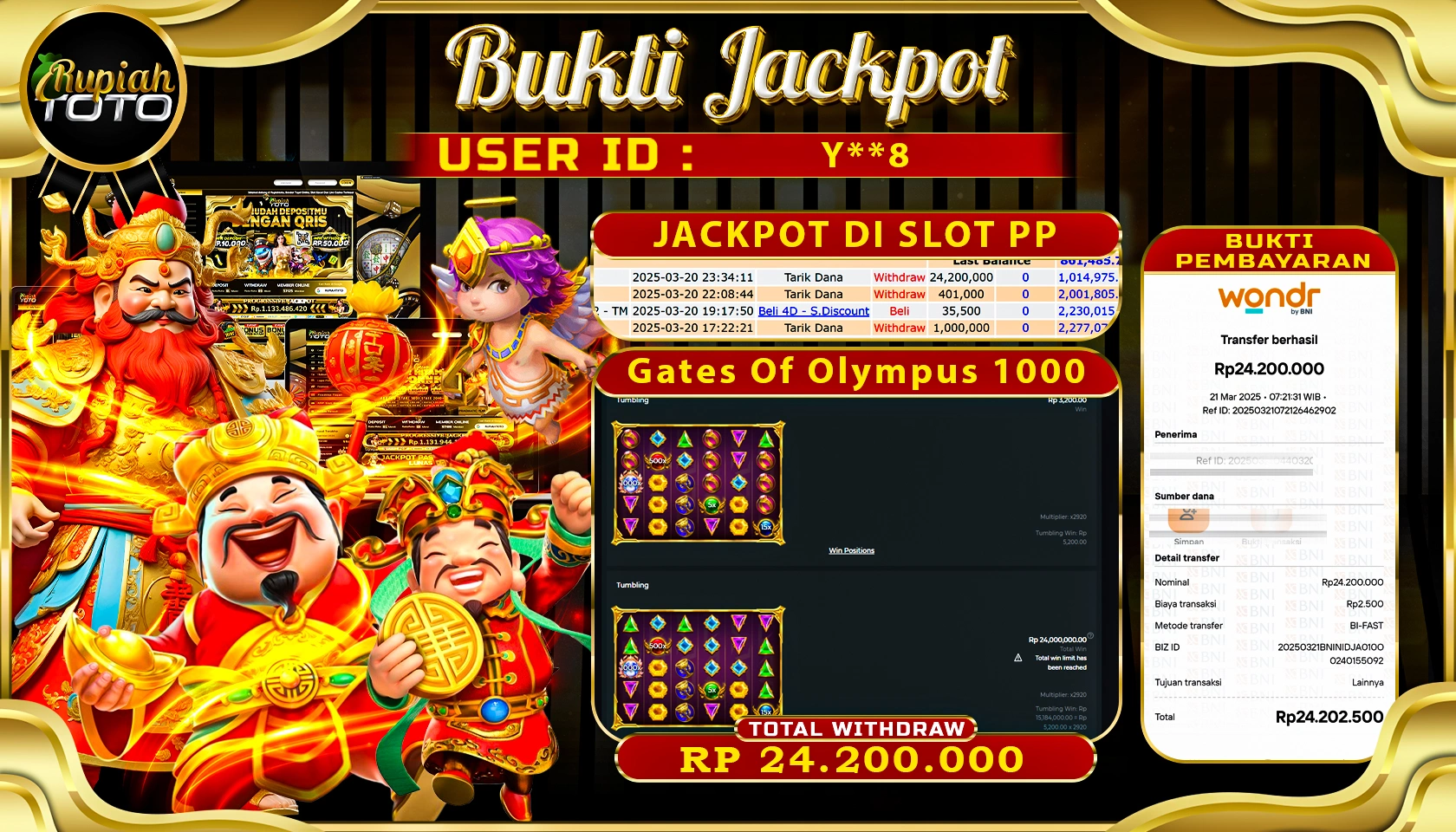 RUPIAHTOTO JACKPOT SLOT PRAGMATIC PLAY GAMES GATES OF OLYMPUS 1000   RP 24.200.000 JUTA RUPIAH LUNAS