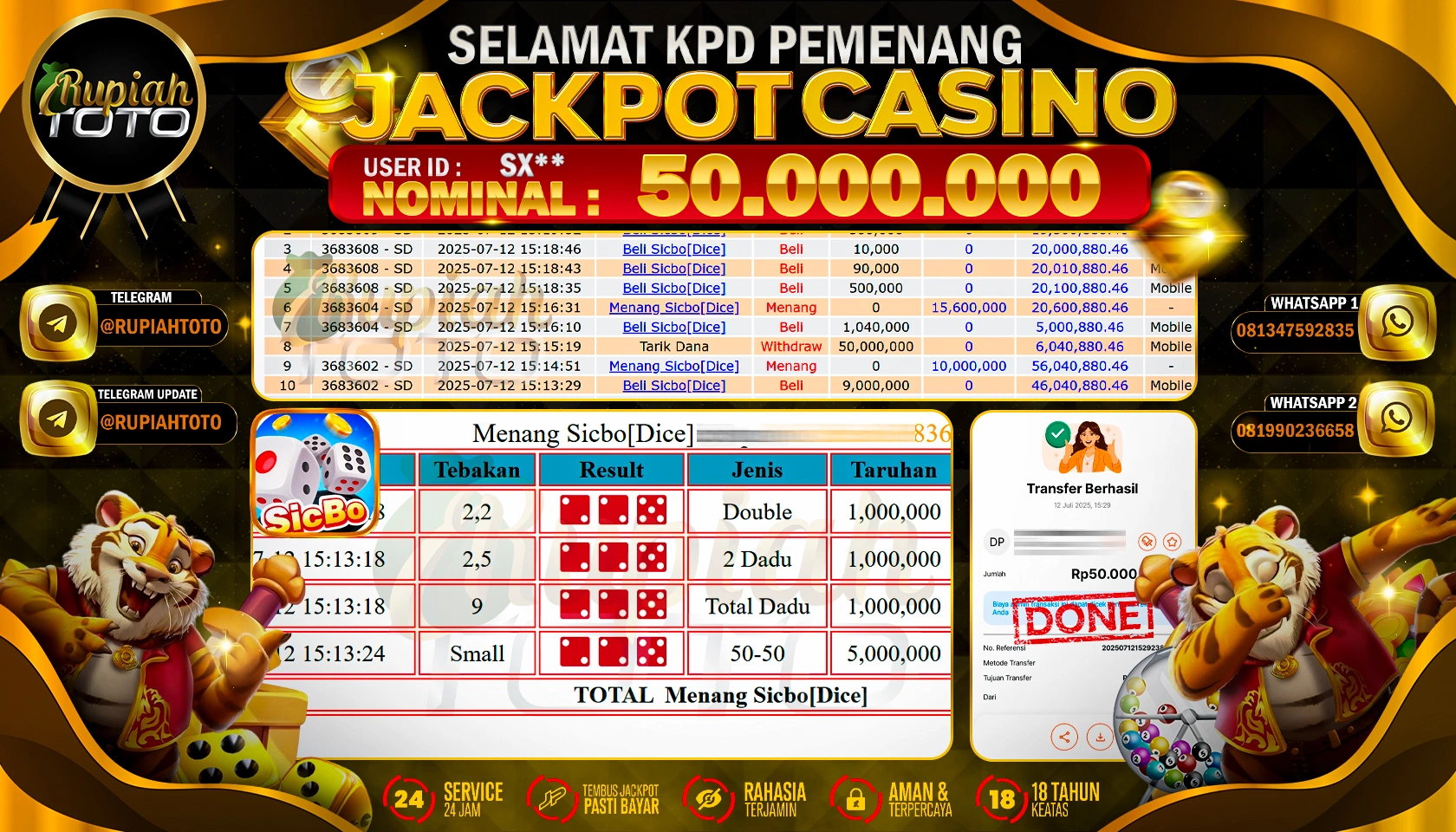 RUPIAHTOTO JACKPOT CASINO DI SICBO DICE RP 50.000.000 JUTA RUPIAH LUNAS