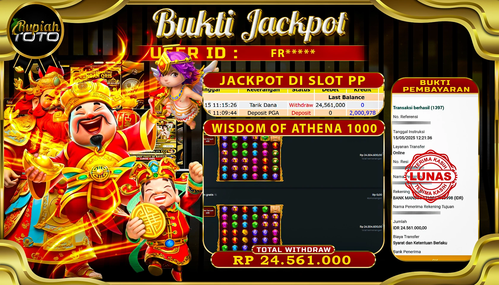 RUPIAHTOTO JACKPOT DI SLOT PRAGMATICPLAY GAME WISDOM OF ATHENA 1000 RP 24.561.000 JUTA RUPIAH LUNAS