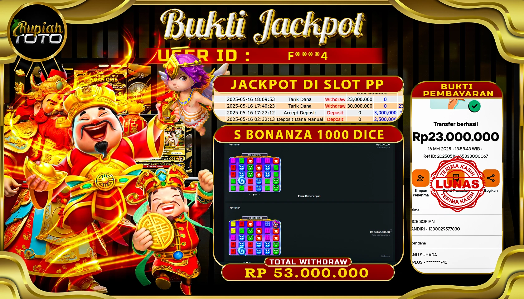 RUPIAHTOTO JACKPOT DI SLOT PRAGMATICPLAY GAME SWEET BONANZA 1000 DICE RP 53.000.000 JUTA RUPIAH LUNAS