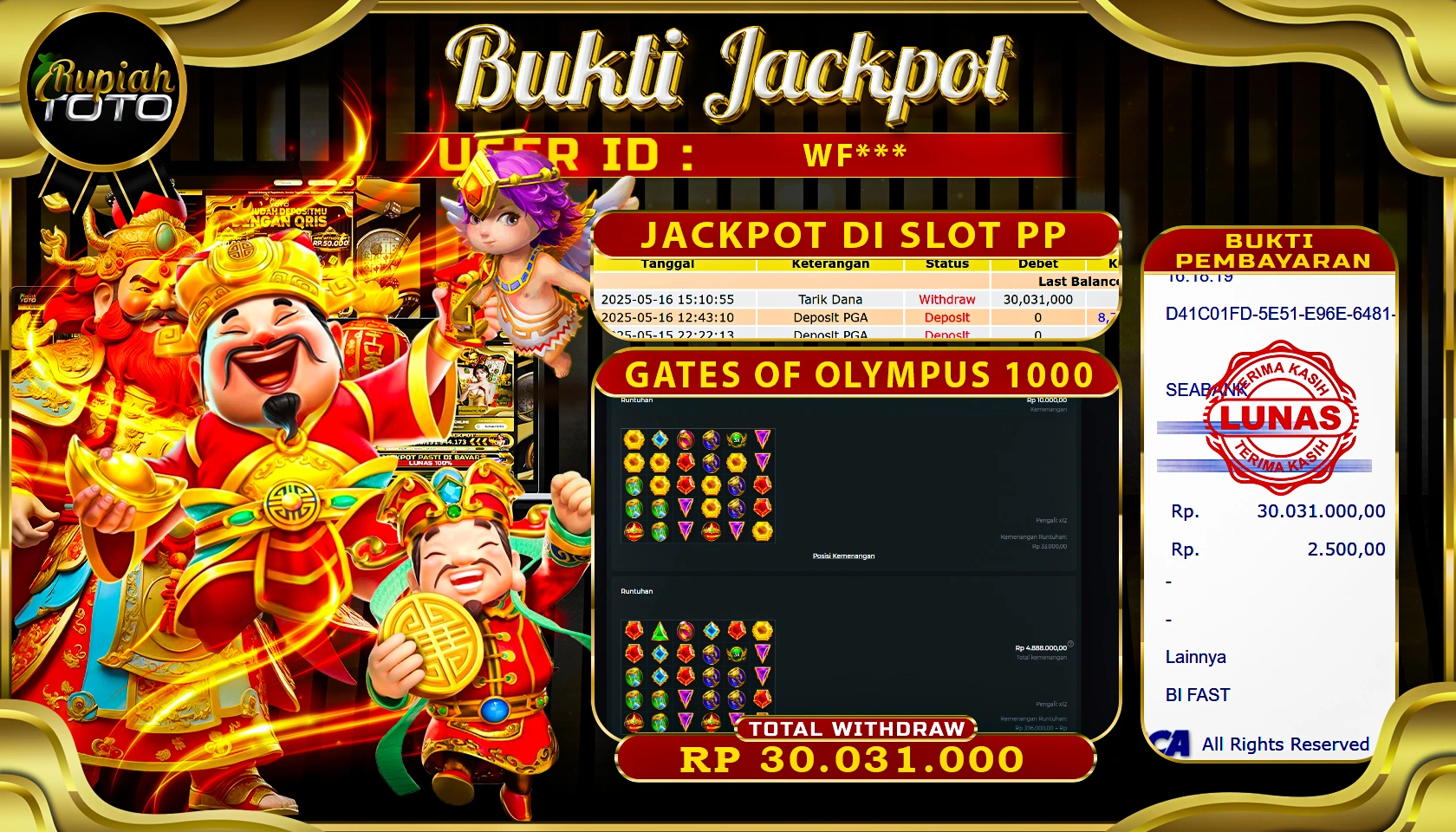 RUPIAHTOTO JACKPOT DI SLOT PRAGMATICPLAY GAME GATE OF OLYMPUS 1000 RP 30.031.000 JUTA RUPIAH LUNAS