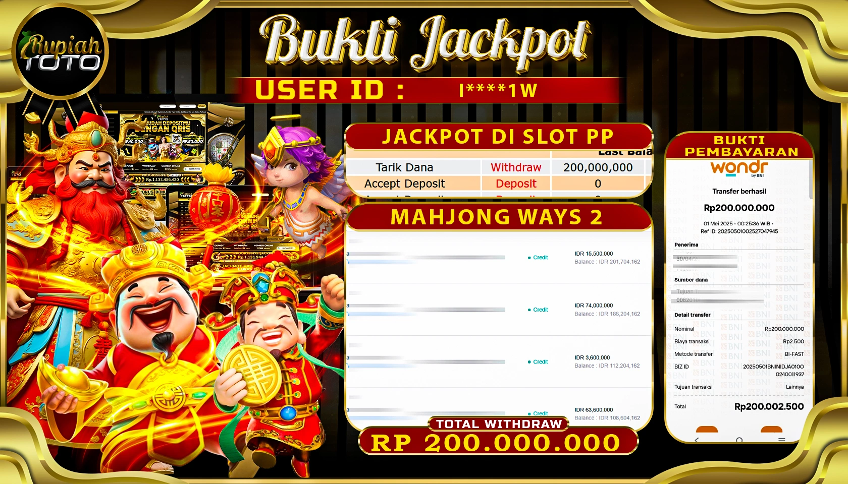 RUPIAHTOTO JACKPOT DI PGSOFT GAME MAHJONG WAYS 2 RP 200.000.000 JUTA RUPIAH LUNAS