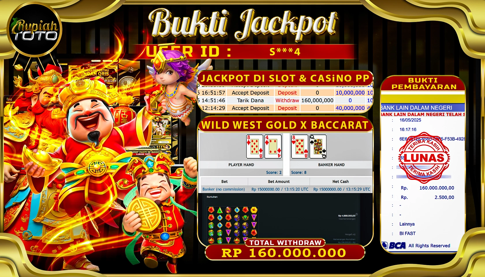 RUPIAHTOTO JACKPOT DI SLOT & CASINO PRAGMATICPLAY GAME WILD WEST GOLD X BACCARAT RP 160.000.000 JUTA RUPIAH LUNAS