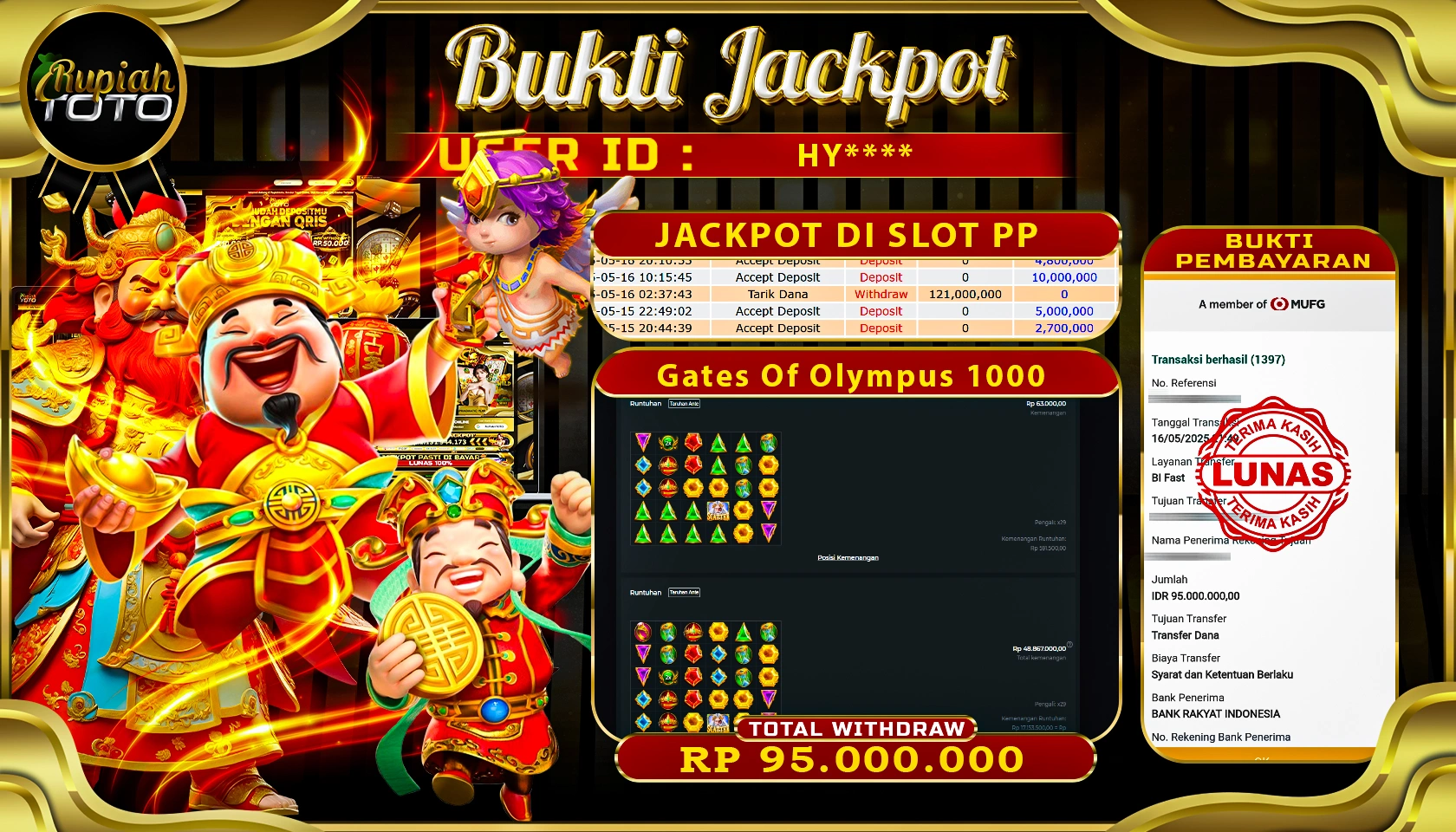 RUPIAHTOTO JACKPOT DI PRAGMATICPLAY GAME GATE OF OLYMPUS 1000 RP 95.000.000 JUTA RUPIAH LUNAS