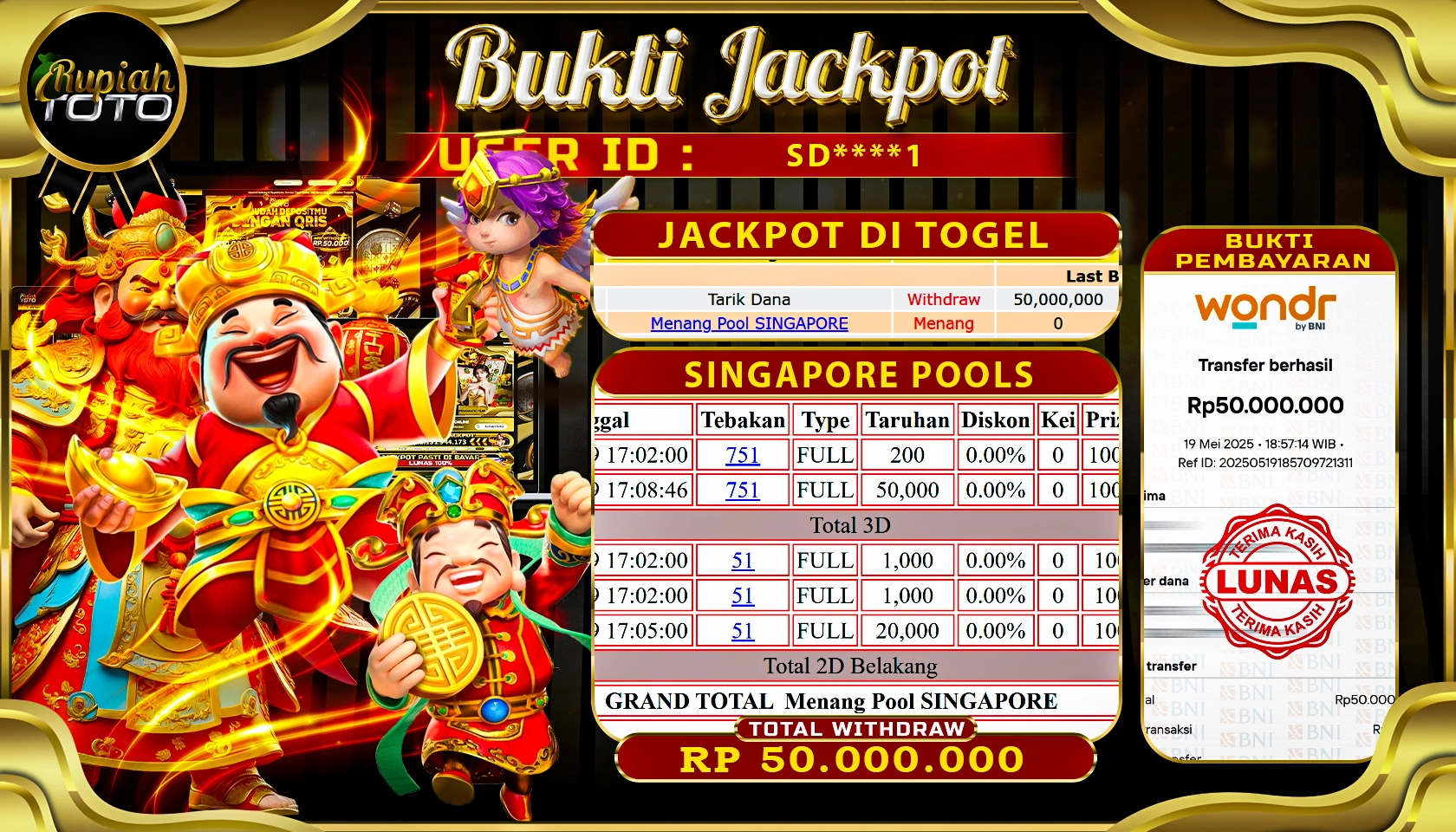 RUPIAHTOTO JACKPOT DI TOGEL PASARAN SINGAPORE POOLS RP 50.000.000 JUTA RUPIAH LUNAS