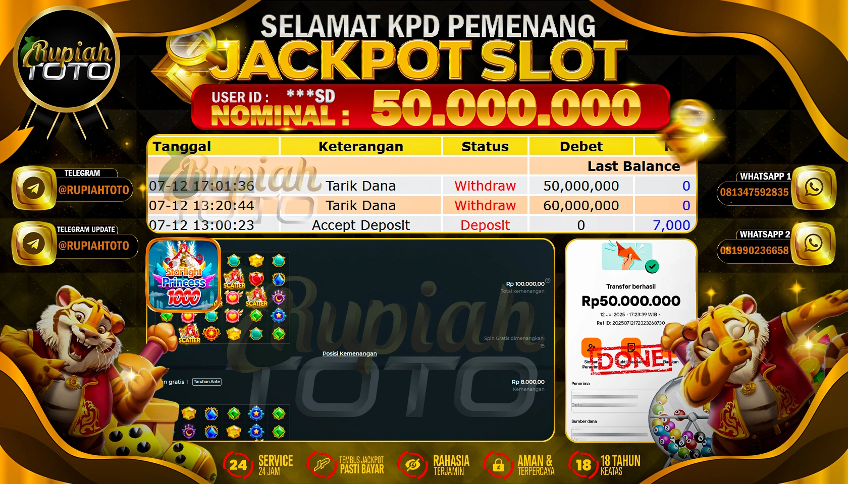 RUPIAHTOTO JACKPOT SLOT DI PRAGMATIC PLAY GAMES STARLIGHT PRINCESS 1000  RP 50.000.000 JUTA RUPIAH LUNAS