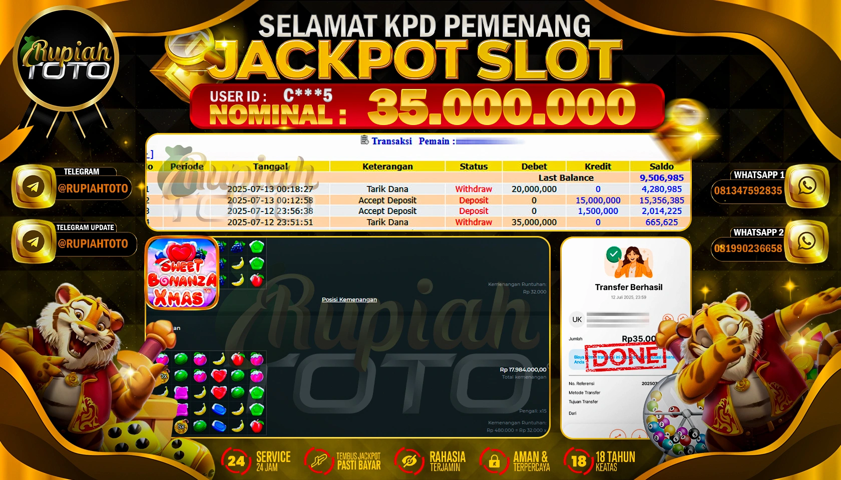 RUPIAHTOTO JACKPOT SLOT DI PRAGMATIC PLAY GAMES SWEET BONANZA XMAS  RP 35.000.000 JUTA RUPIAH LUNAS