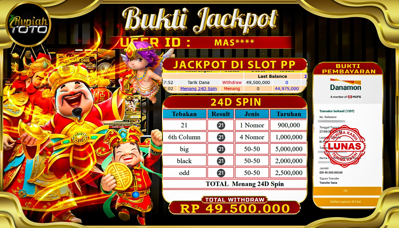 RUPIAHTOTO JACKPOT DI SLOT PRAGMATICPLAY GAME 24 SPIN RP 49.500.000 JUTA RUPIAH LUNAS