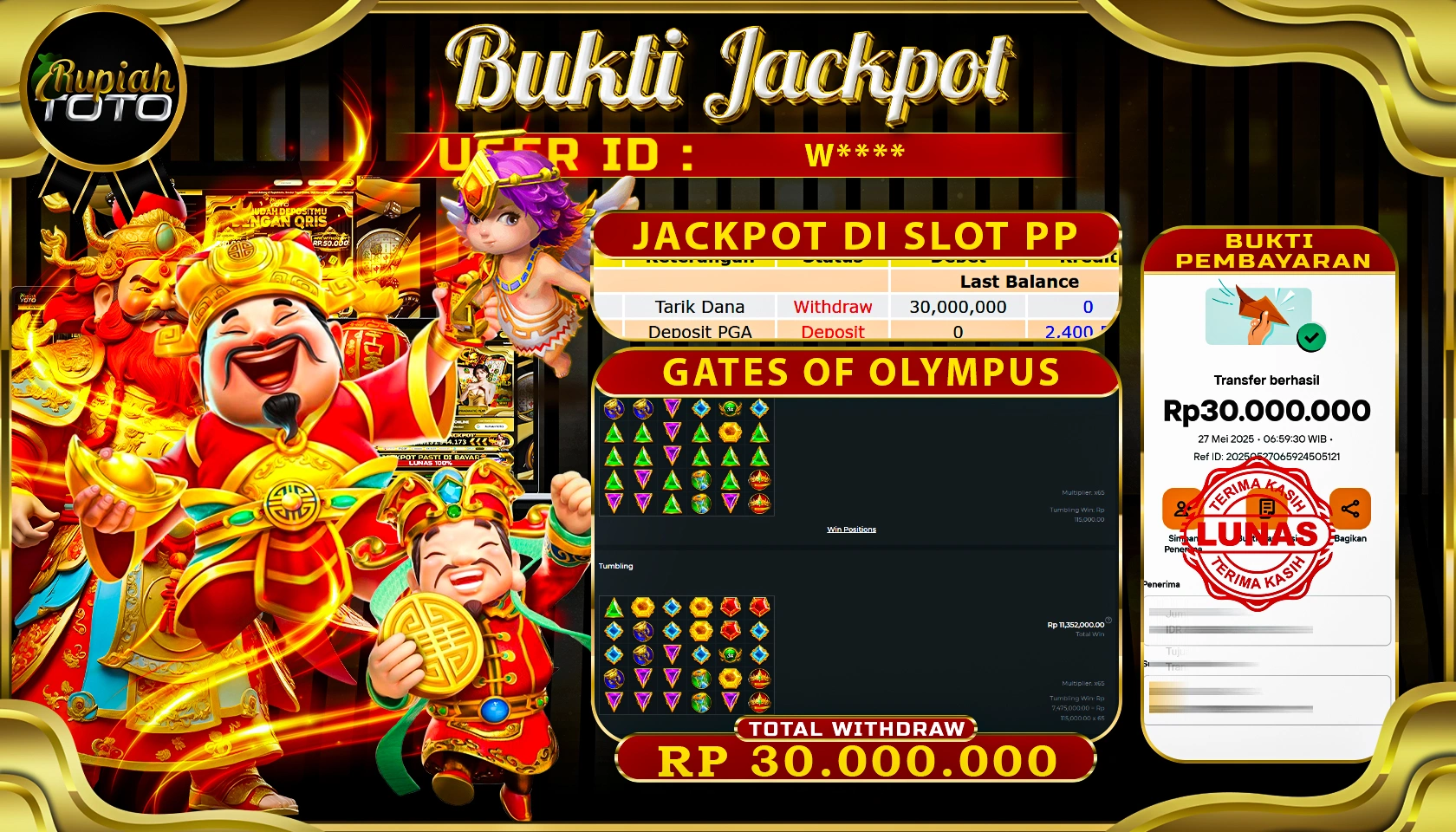 RUPIAHTOTO JACKPOT DI SLOT PRAGMATICPLAY GAME GATES OF OLYMPUS RP 30.000.000 JUTA RUPIAH LUNAS