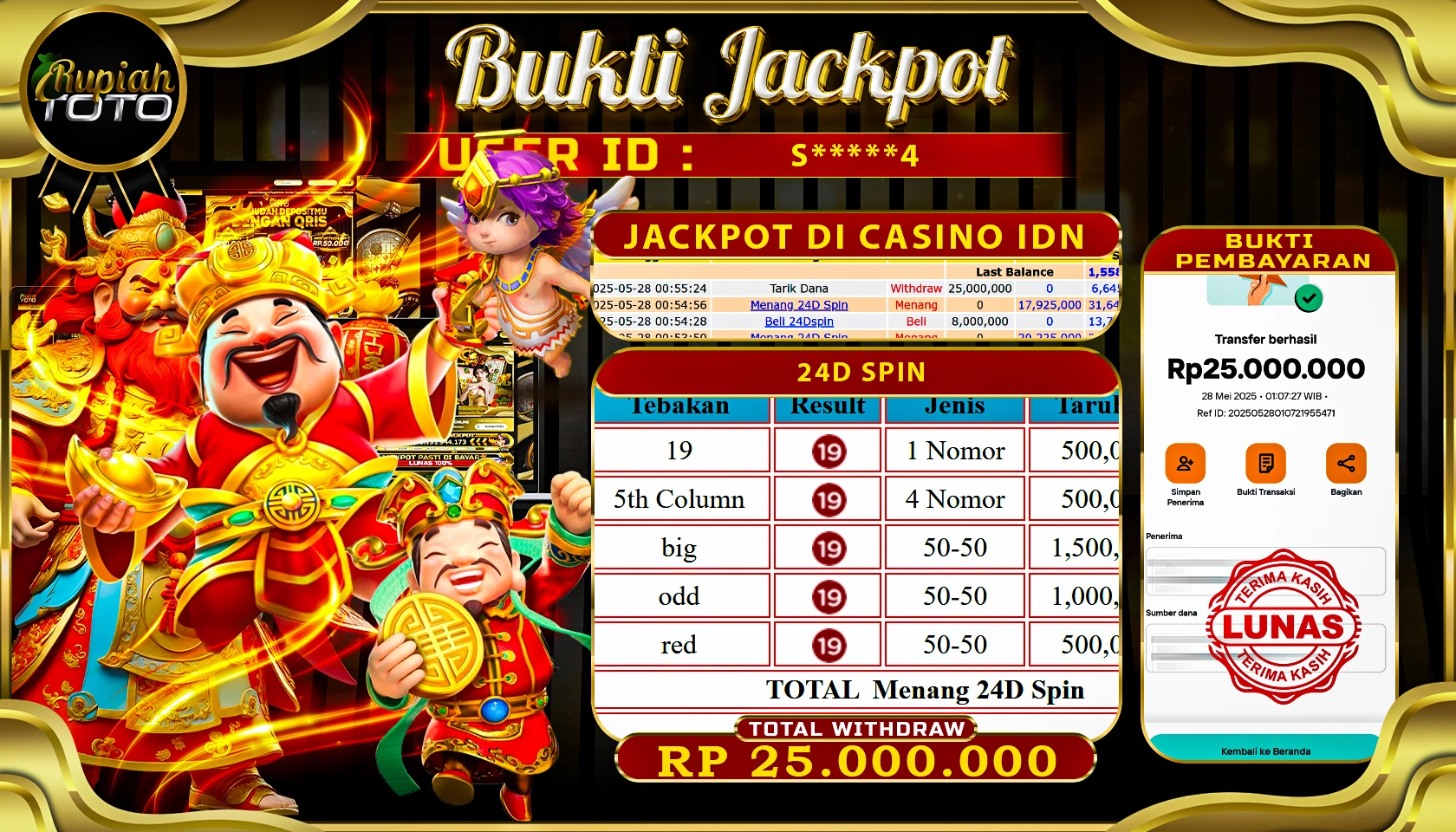 RUPIAHTOTO JACKPOT DI CASINO IDN GAME 24D SPIN RP 25.000.000 JUTA RUPIAH LUNAS