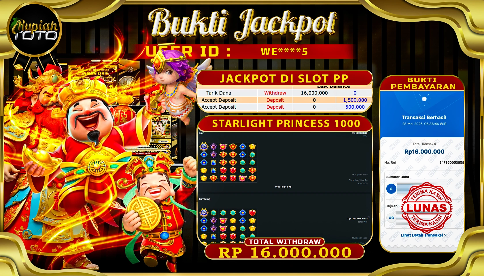 RUPIAHTOTO JACKPOT DI SLOT PRAGMATICPLAY GAME STARLIGHT PRINCESS 1000 RP 16.000.000 JUTA RUPIAH LUNAS