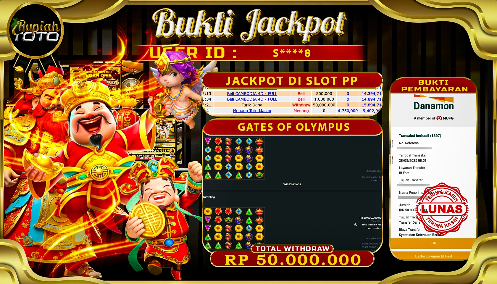 RUPIAHTOTO JACKPOT DI SLOT PRAGMATICPLAY GAME GATE OF OLYMPUS RP 50.000.000 JUTA RUPIAH LUNAS