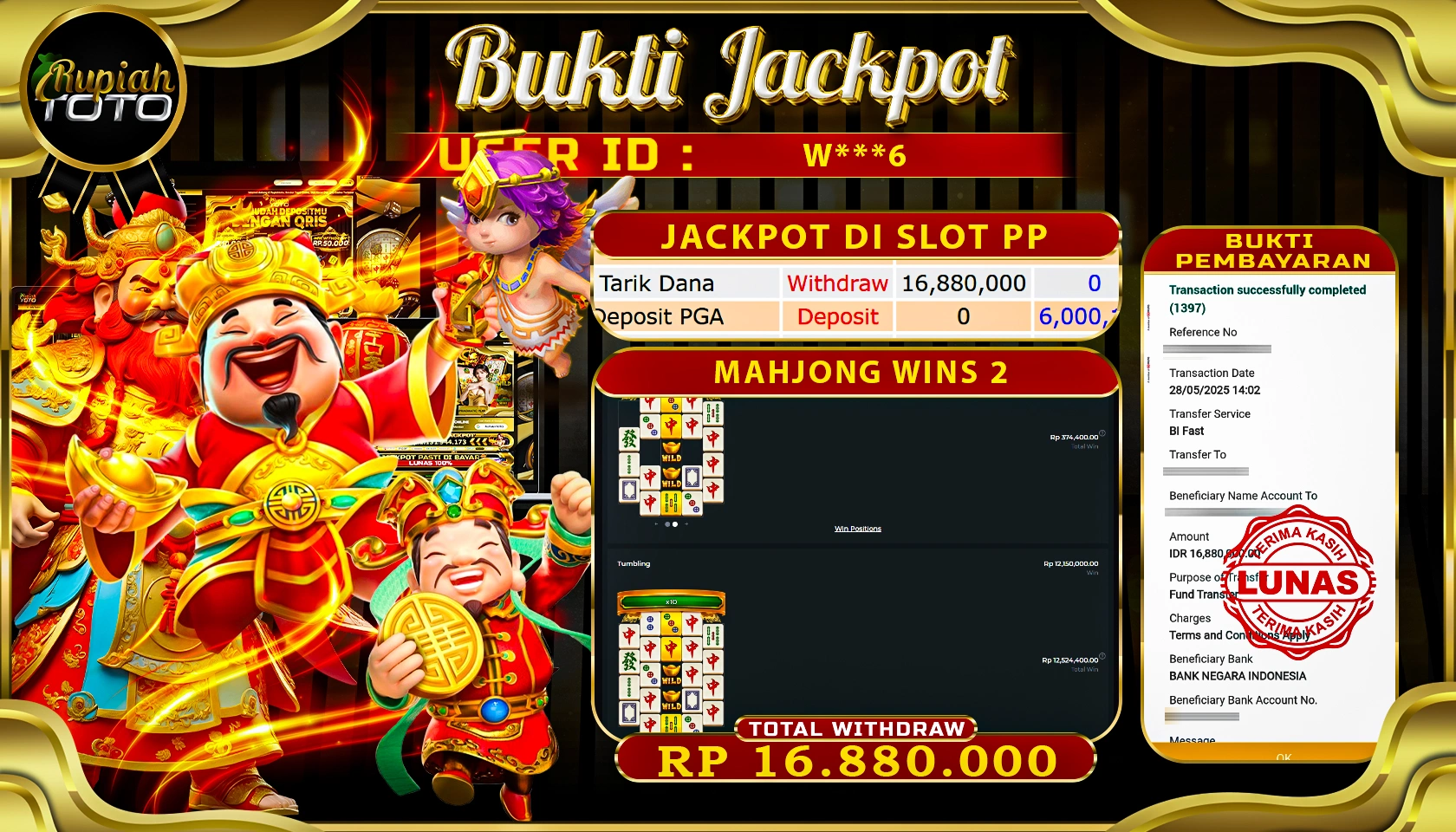RUPIAHTOTO JACKPOT DI SLOT PRAGMATICPLAY GAME MAHJONG WINS 2 RP 16.880.000 JUTA RUPIAH LUNAS
