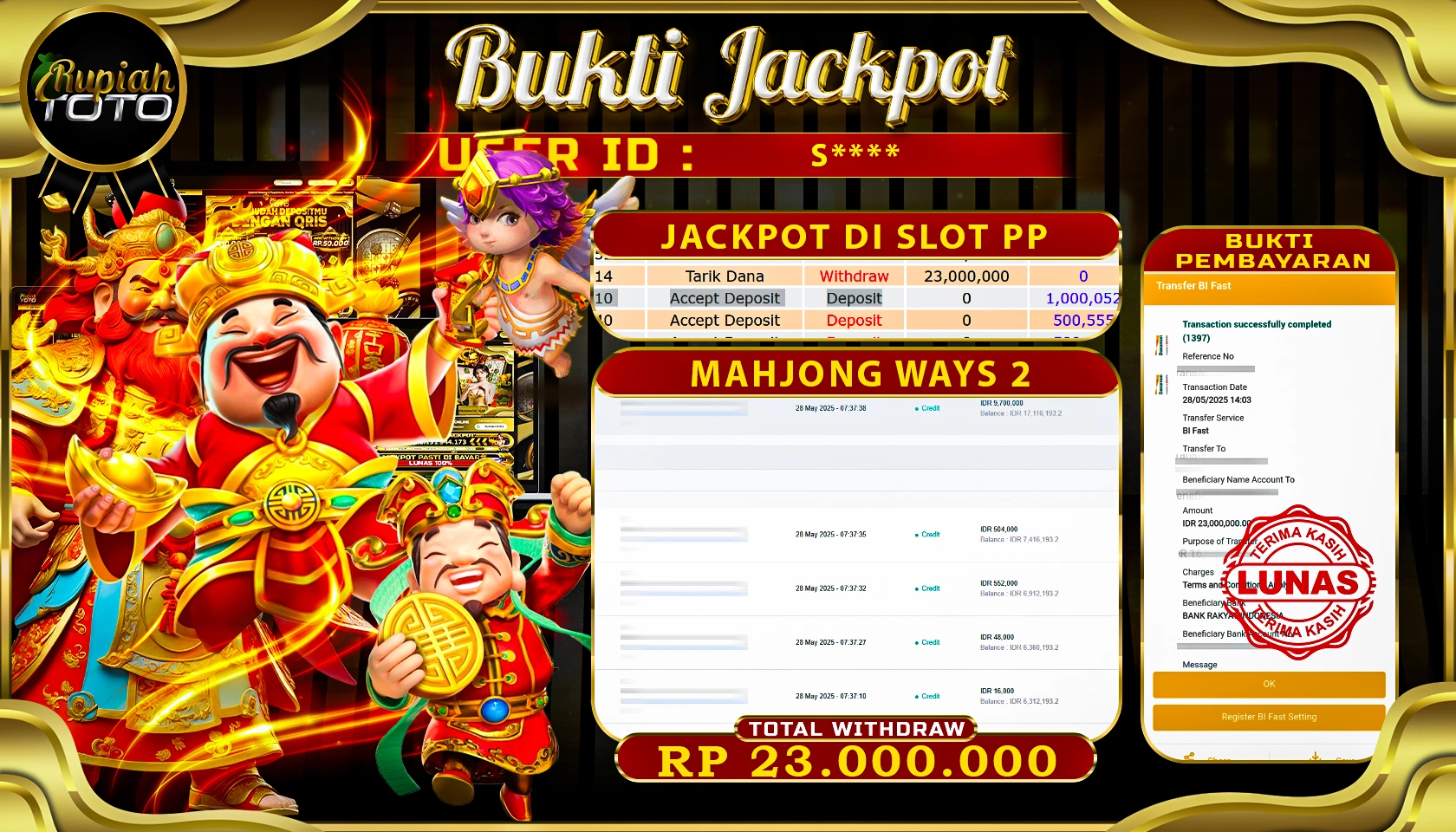 RUPIAHTOTO JACKPOT DI SLOT PRAGMATICPLAY GAME MAHJONG WAYS 2 RP 23.000.000 JUTA RUPIAH LUNAS