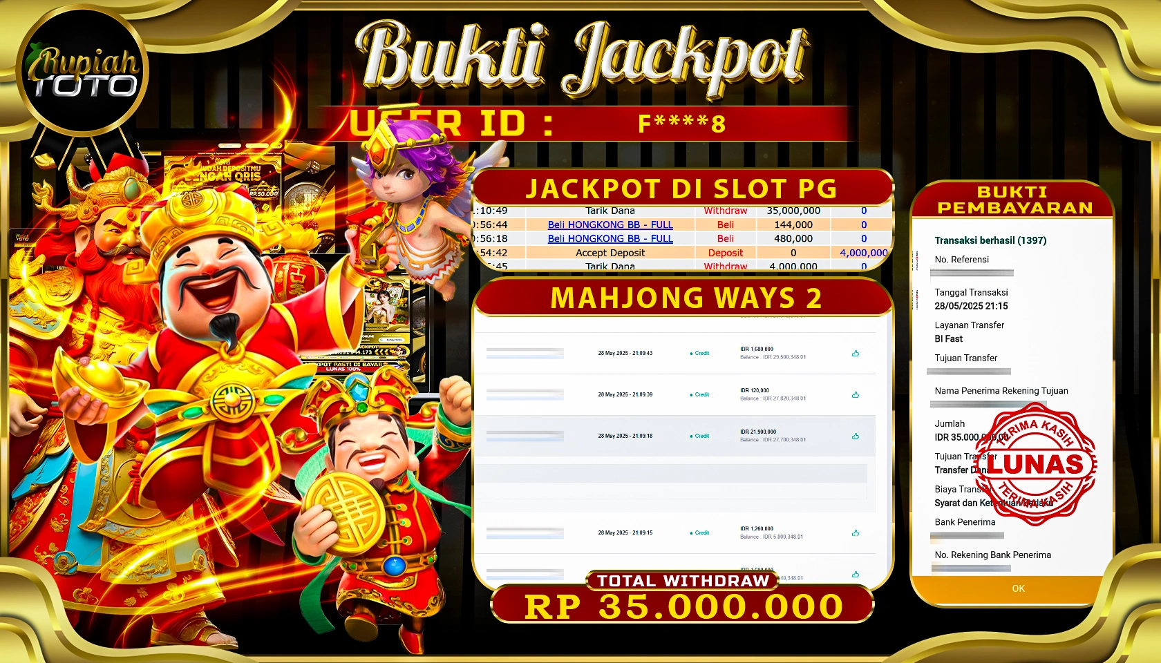 RUPIAHTOTO JACKPOT DI SLOT PGSOFT GAME MAHJONG WAYS 2 RP 35.000.000 JUTA RUPIAH LUNAS