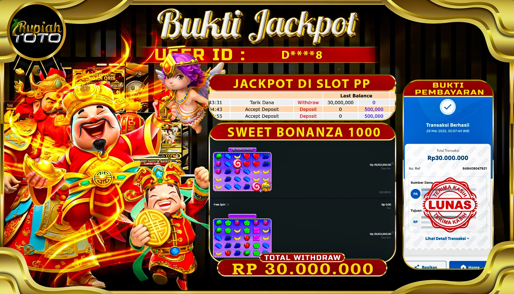 RUPIAHTOTO JACKPOT DI SLOT PRAGMATICPLAY GAME SWEET BONANZA 1000 RP 30.000.000 JUTA RUPIAH LUNAS