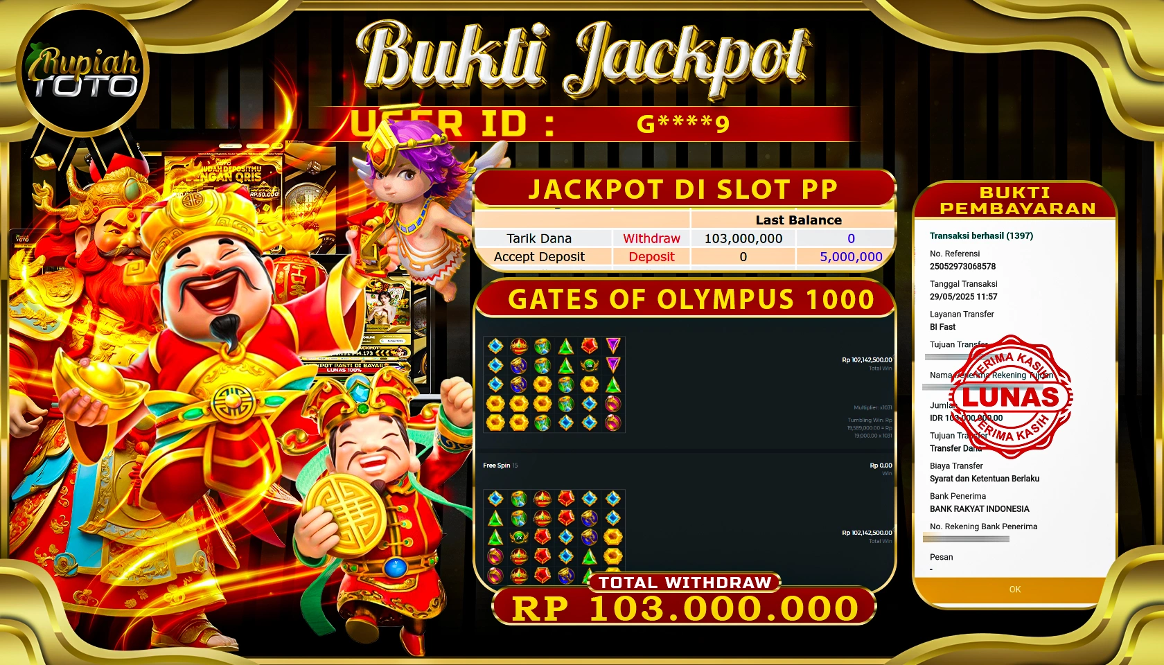 RUPIAHTOTO JACKPOT DI SLOT PRAGMATICPLAY GAME GATE OF OLYMPUS 1000 RP 103.000.000 JUTA RUPIAH LUNAS