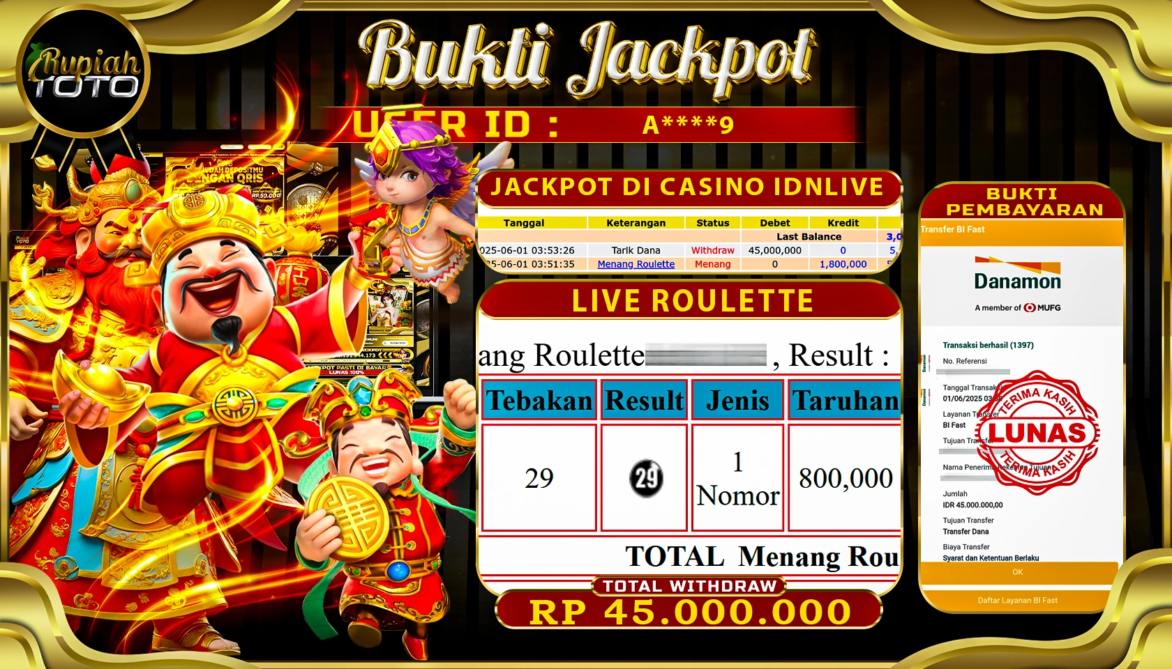 RUPIAHTOTO JACKPOT DI CASINO IDNLIVE GAME LIVE ROUETTE RP 45.000.000 JUTA RUPIAH LUNAS