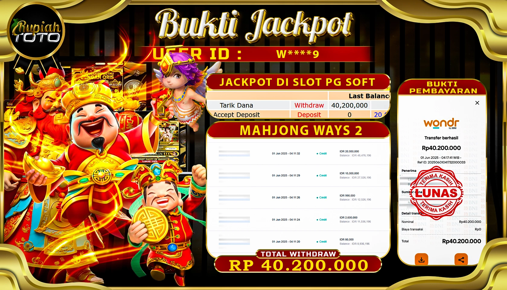 RUPIAHTOTO JACKPOT DI SLOT PGSOFT GAME MAHJONG WAYS 2 RP 40.200.000 JUTA RUPIAH LUNAS