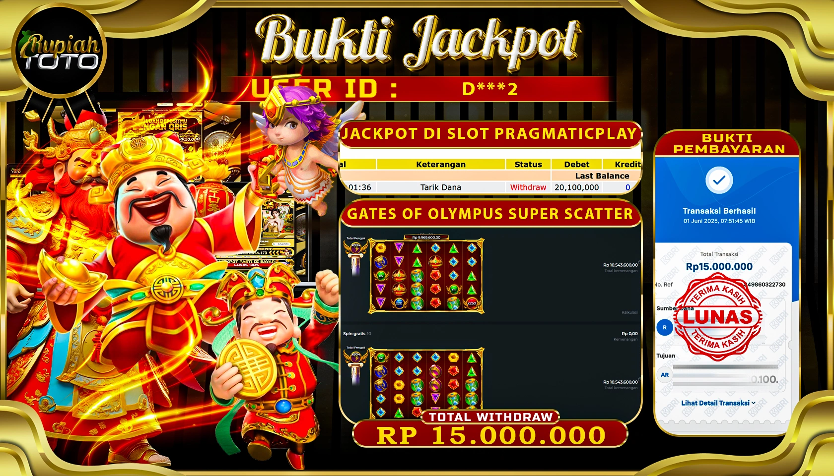 RUPIAHTOTO JACKPOT DI SLOT PRAGMATICPLAY GAME GATE OF OLYMPUS SUPER SCATTER RP 15.000.000 JUTA RUPIAH LUNAS