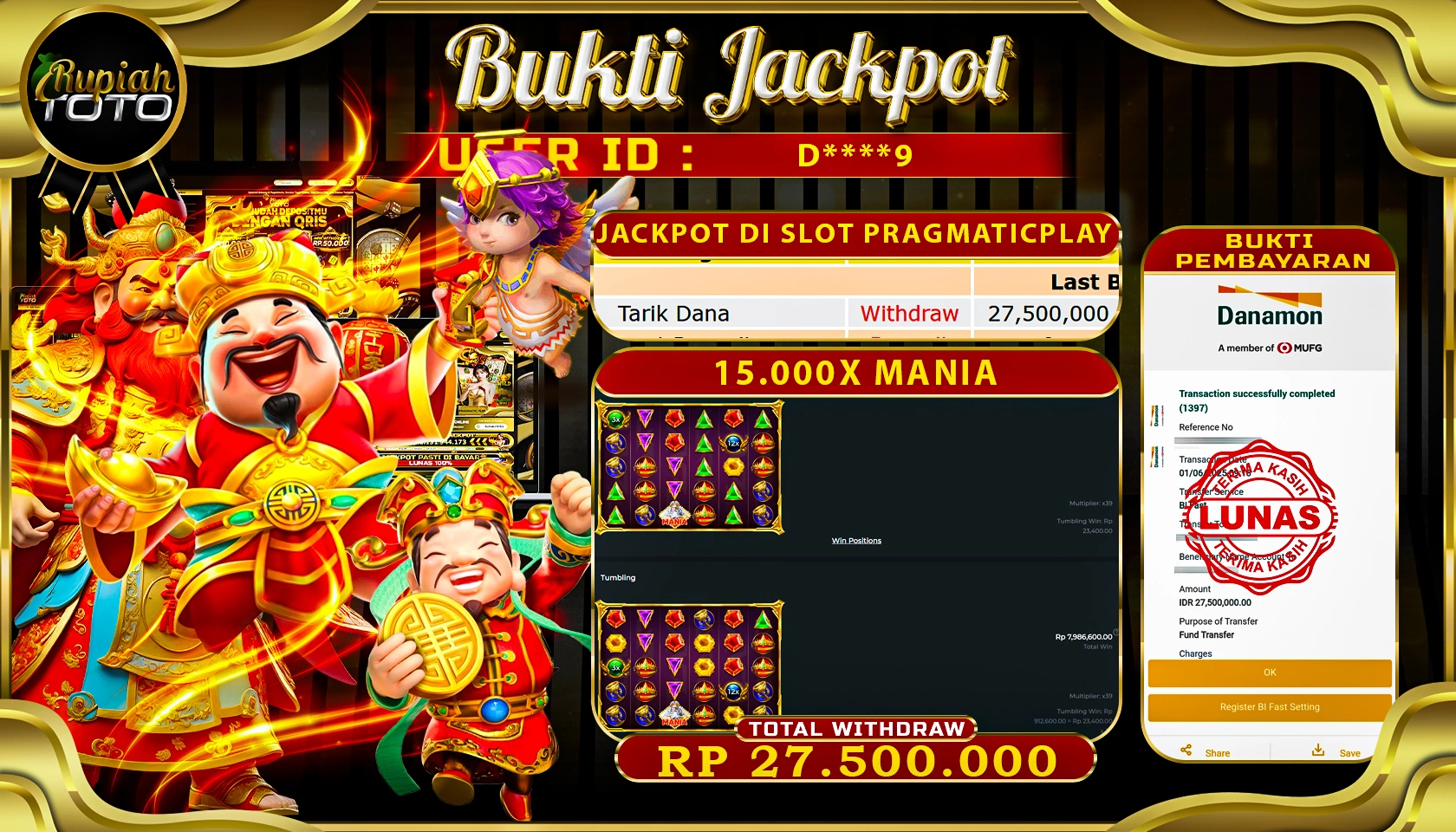 RUPIAHTOTO JACKPOT DI SLOT PRAGMATICPLAY GAME 15000X MANIA RP 27.500.000 JUTA RUPIAH LUNAS