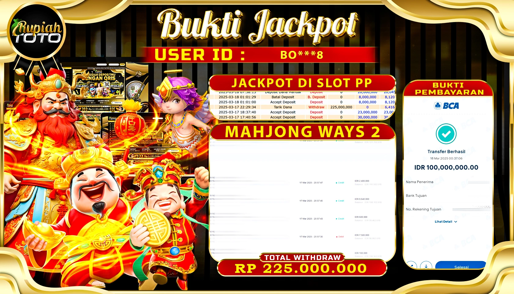 RUPIAHTOTO JACKPOT SLOT PRAGMATIC PLAY GAMES MAHJONG WAYS 2 RP 225.000.000 RATUS JUTA RUPIAH LUNAS