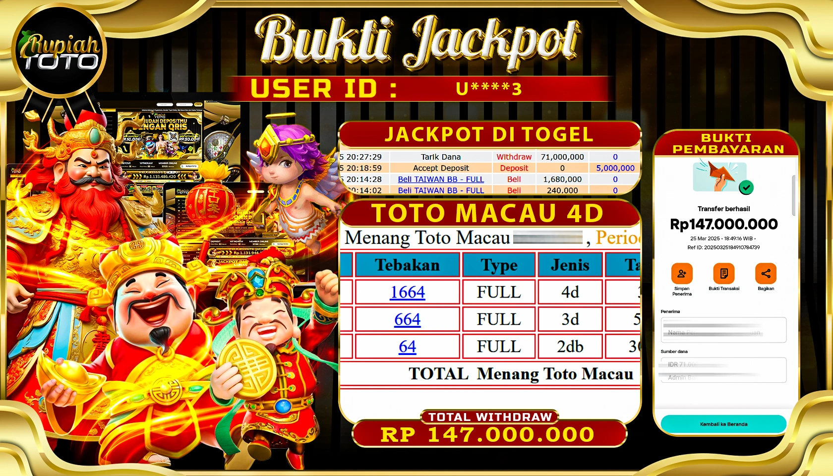 RUPIAHTOTO JACKPOT DI TOGEL PASARAN TOTOMACAU 4D RP 147.000.000 JUTA RUPIAH LUNAS