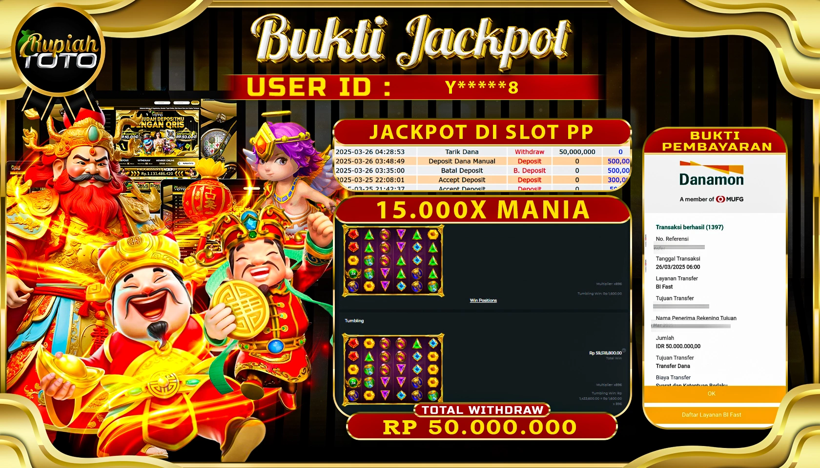 RUPIAHTOTO JACKPOT SLOT PRAGMATIC PLAY GAMES 15.000 X RP 50.000.000 JUTA RUPIAH LUNAS