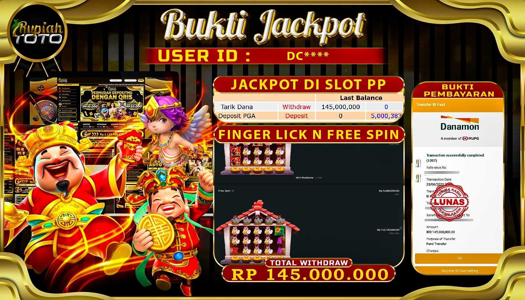 RUPIAHTOTO JACKPOT DI SLOT PRAGMATICPLAY GAME FINGER LICK N FREESPIN RP 145.000.000 JUTA RUPIAH LUNAS