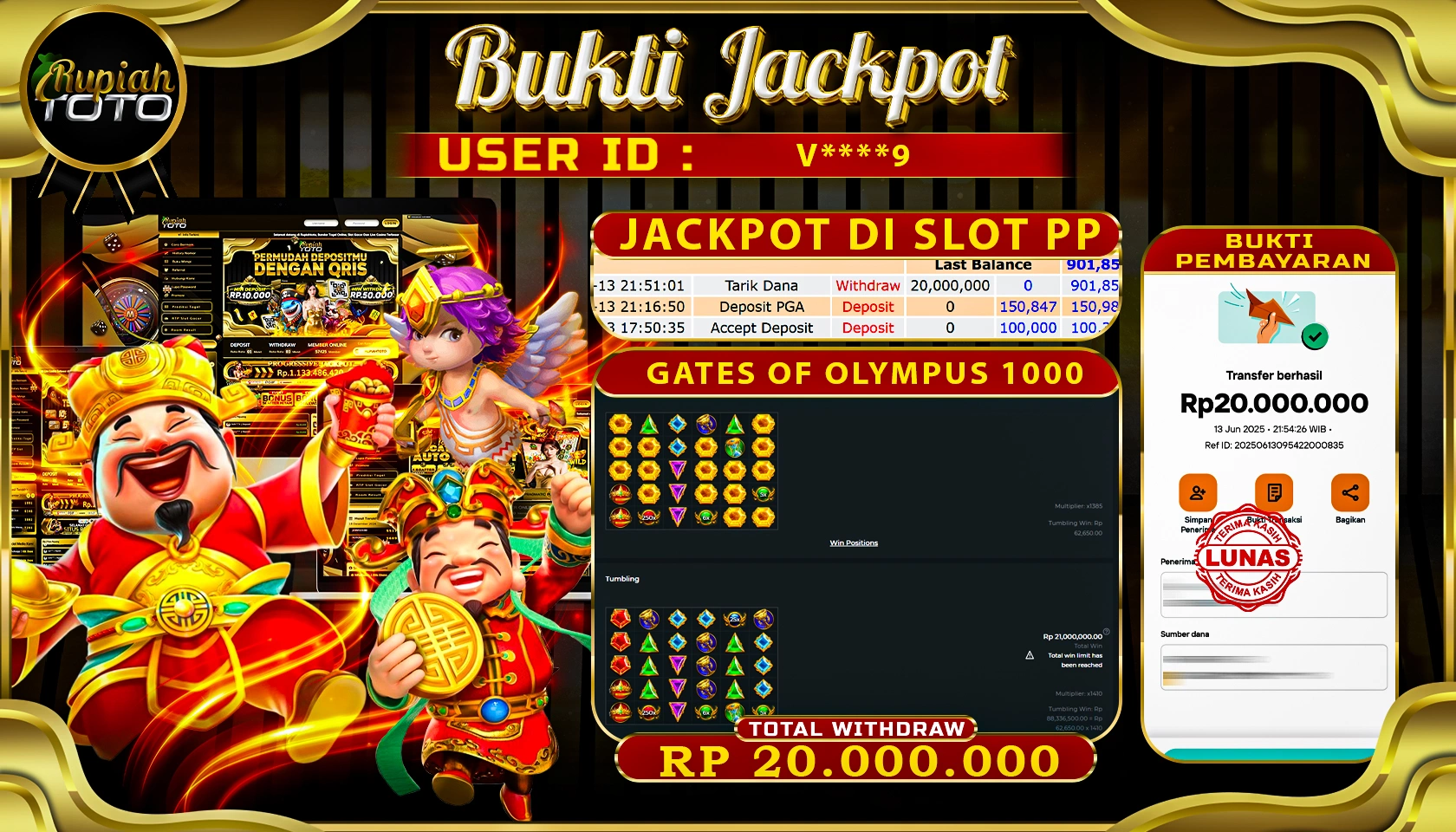 RUPIAHTOTO JACKPOT DI SLOT PRAGMATICPLAY GAME GATE OF OLYMPUS 1000 RP 20.000.000 JUTA RUPIAH LUNAS