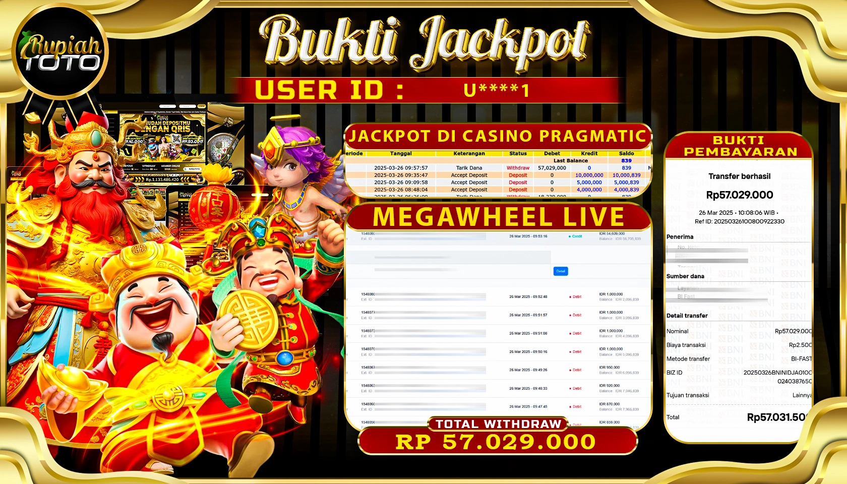 RUPIAHTOTO JACKPOT DI CASINO PRAGMATIC GAMES MEGAWHEEL LIVE RP 57.029.000 JUTA RUPIAH LUNAS
