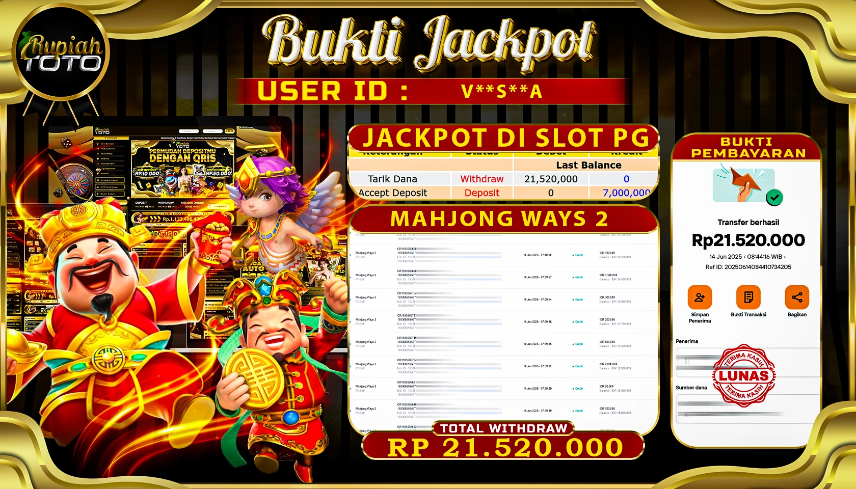 RUPIAHTOTO JACKPOT DI SLOT PGSOFT GAME MAHJOGN WAYS 2 RP 21.520.000 JUTA RUPIAH LUNAS