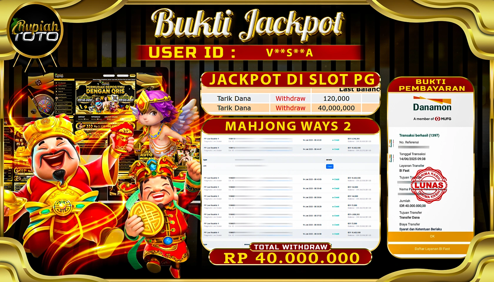 RUPIAHTOTO JACKPOT DI SLOT PGSOFT GAME MAHJONG WAYS 2 RP 40.000.000 JUTA RUPIAH LUNAS