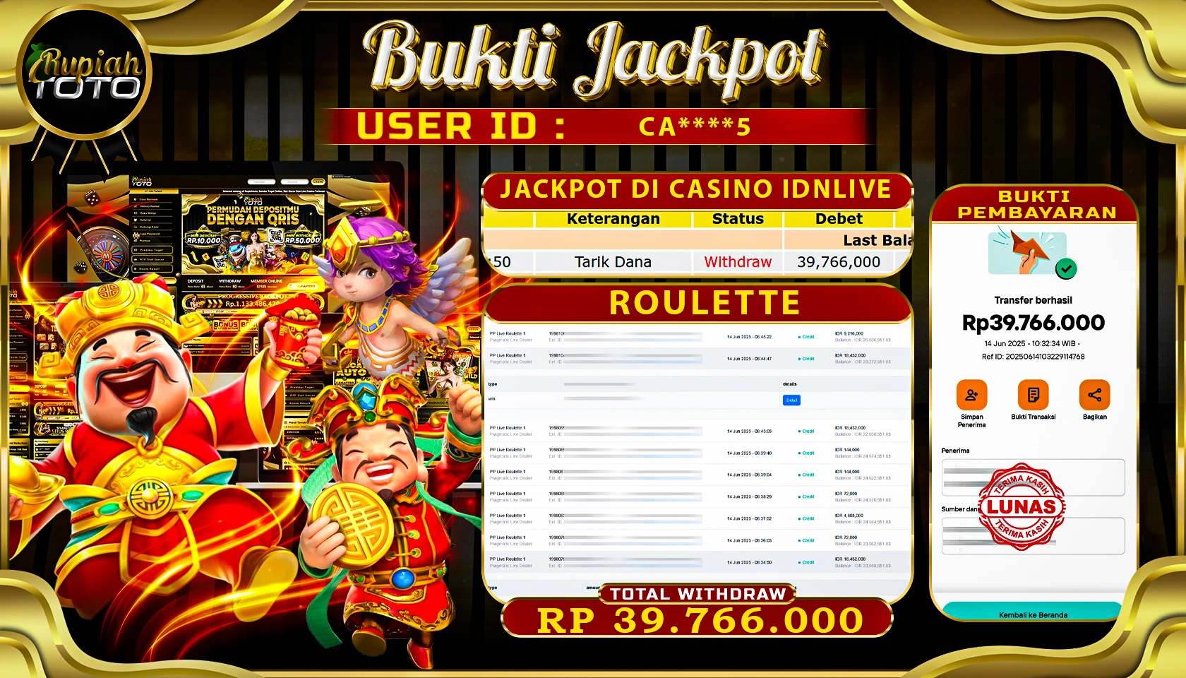 RUPIAHTOTO JACKPOT DI CASINO IDNLIVE GAME ROULETTE RP 39.766.000 JUTA RUPIAH LUNAS