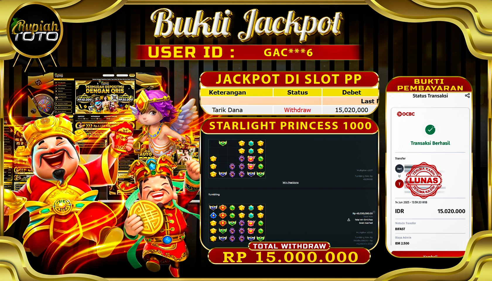 RUPIAHTOTO JACKPOT DI SLOT PRAGMATIC PLAY GAME STARLIGHT PRINCESS 1000 RP 15.000.000 JUTA RUPIAH LUNAS