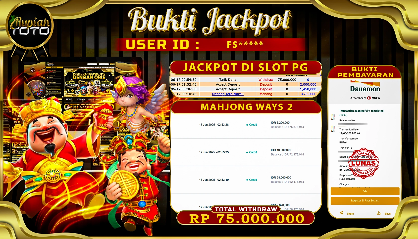 RUPIAHTOTO JACKPOT DI SLOT PGSOFT GAME MAHJONG WAYS 2  RP 75.000.000 JUTA RUPIAH LUNAS