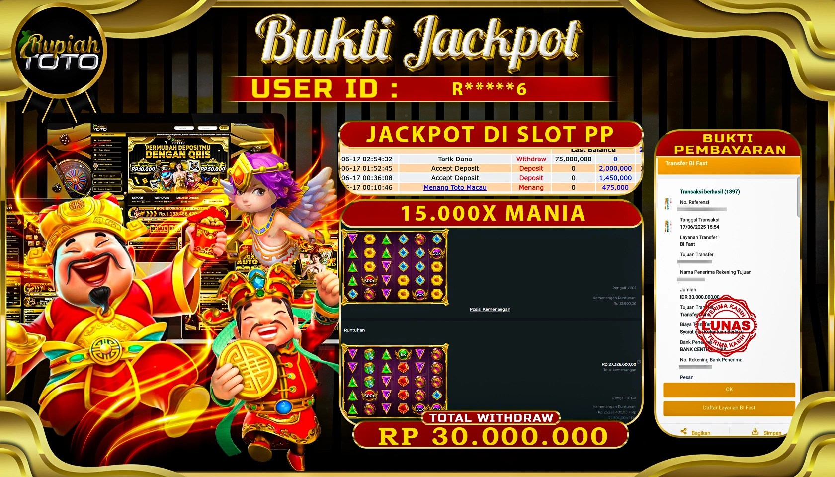 RUPIAHTOTO JACKPOT DI SLOT PRAGMAITICPLAY GAME 15000X MANIA RP 30.000.000 JUTA RUPIAH LUNAS