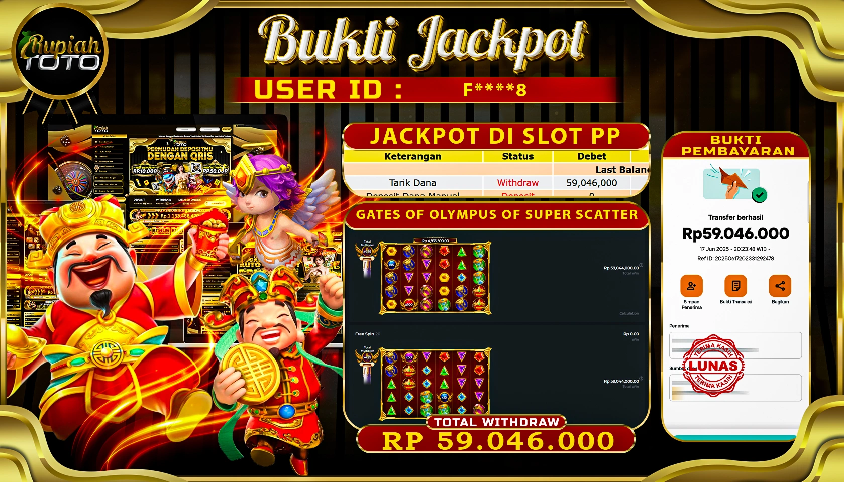 RUPIAHTOTO JACKPOT DI SLOT PRAGMATICPLAY GAME GATE OF OLYMPUS OF SUPER SCATTER RP 59.046.000 JUTA RUPIAH LUNAS