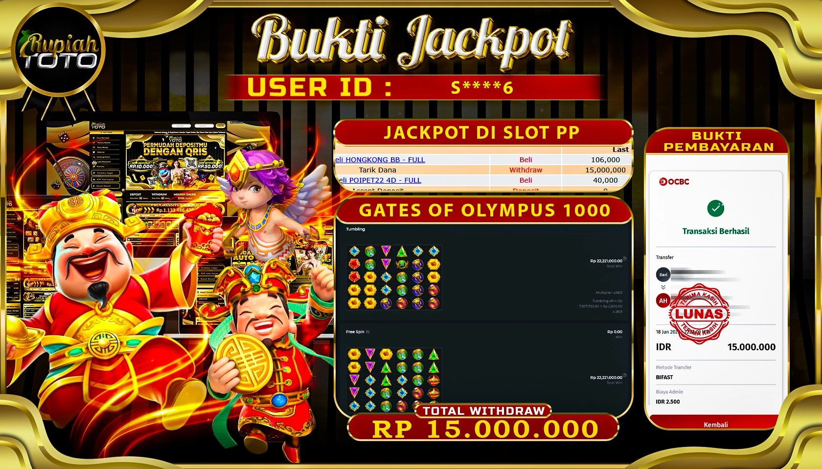 RUPIAHTOTO JACKPOT DI SLOT PRAGMATICPLAY GAME GATE OF OLYMPUS 1000 RP 15.000.000 JUTA RUPIAH LUNAS