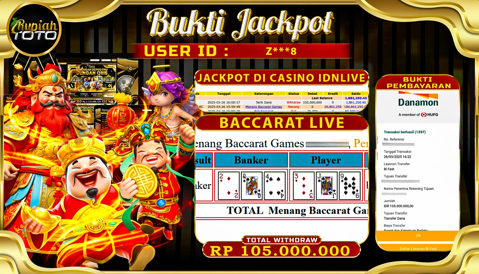 RUPIAHTOTO JACKPOT DI CASINO IDNLIVE GAMES BACCARAT LIVE RP 105.000.000 JUTA RUPIAH LUNAS