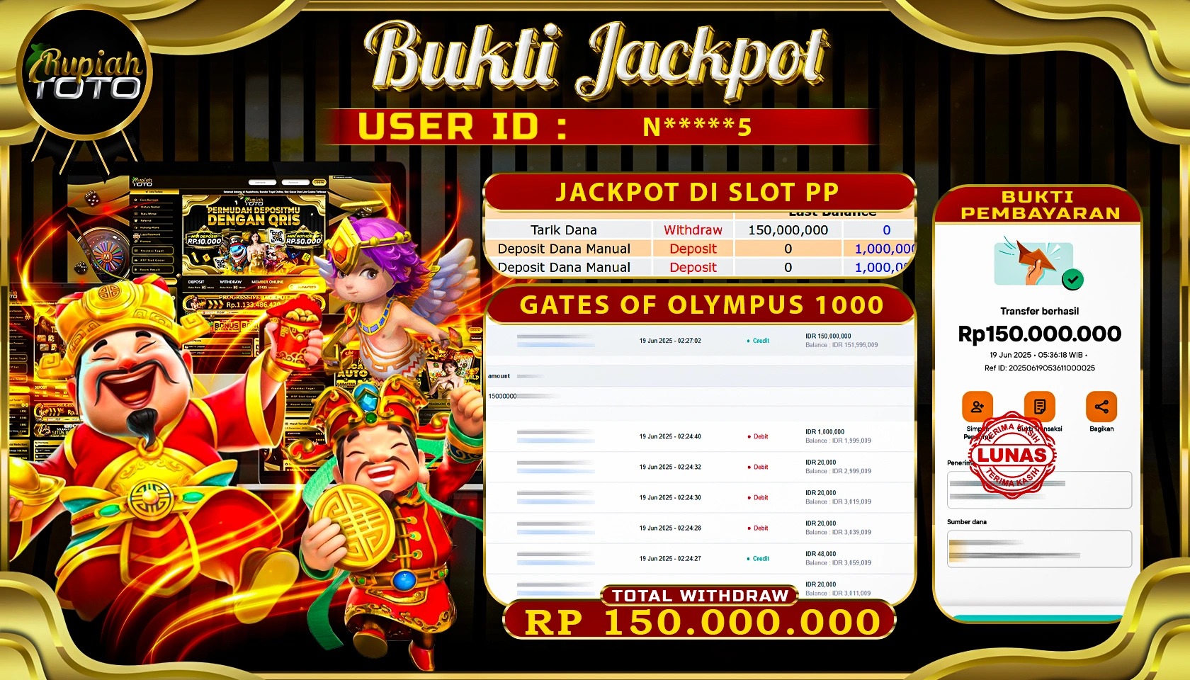 RUPIAHTOTO JACKPOT DI SLOT PRAGMATICPLAY GAME GATE OF OLYMPUS 1000 RP 150.000.000 JUTA RUPIAH LUNAS