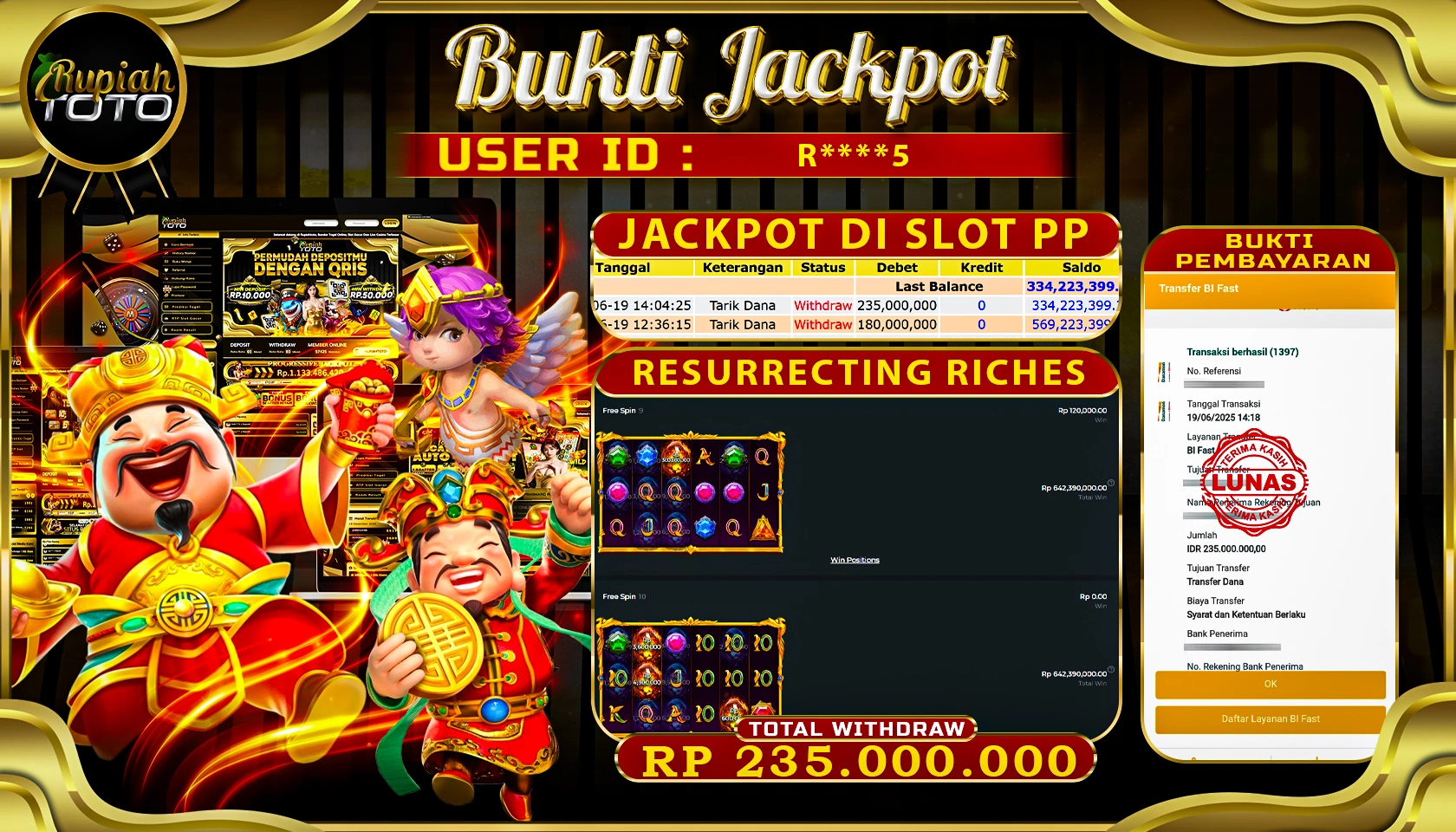 RUPIAHTOTO JACKPOT DI SLOT PRAGMATICPLAY GAME RSURRECTING RICHES RP 235.000.000 JUTA RUPIAH LUNAS