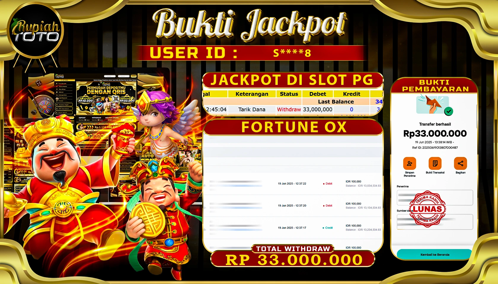 RUPIAHTOTO JACKPOT DI SLOT PGSOFT GAME FORTUNE OX RP 33.000.000 JUTA RUPIAH LUNAS