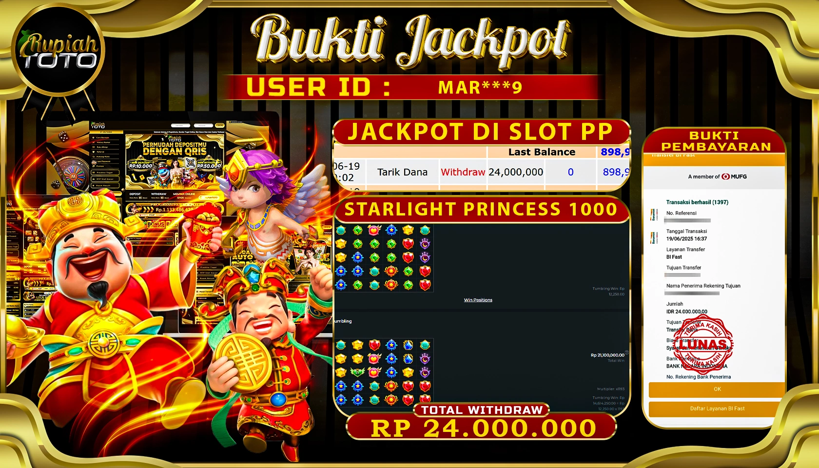 RUPIAHTOTO JACKPOT DI SLOT PRAGMATICPLAY GAME STARLIGHT PRINCESS 1000 RP 24.000.000 JUTA RUPIAH LUNAS