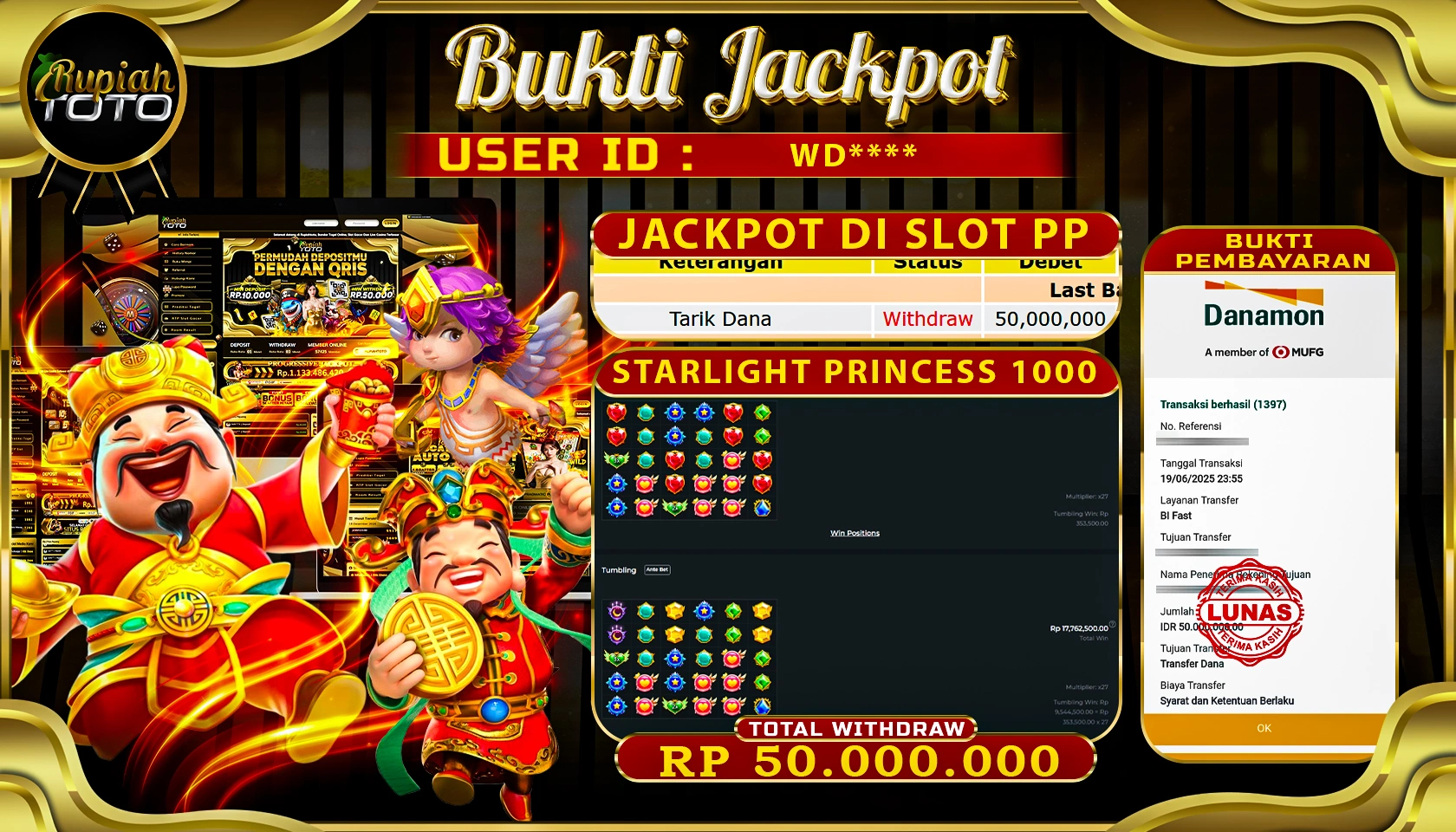 RUPIAHTOTO JACKPOT DI SLOT PRAGMATICPLAY GAME STARLIGHT PRINCESS 1000 RP 50.000.000 JUTA RUPIAH LUNAS