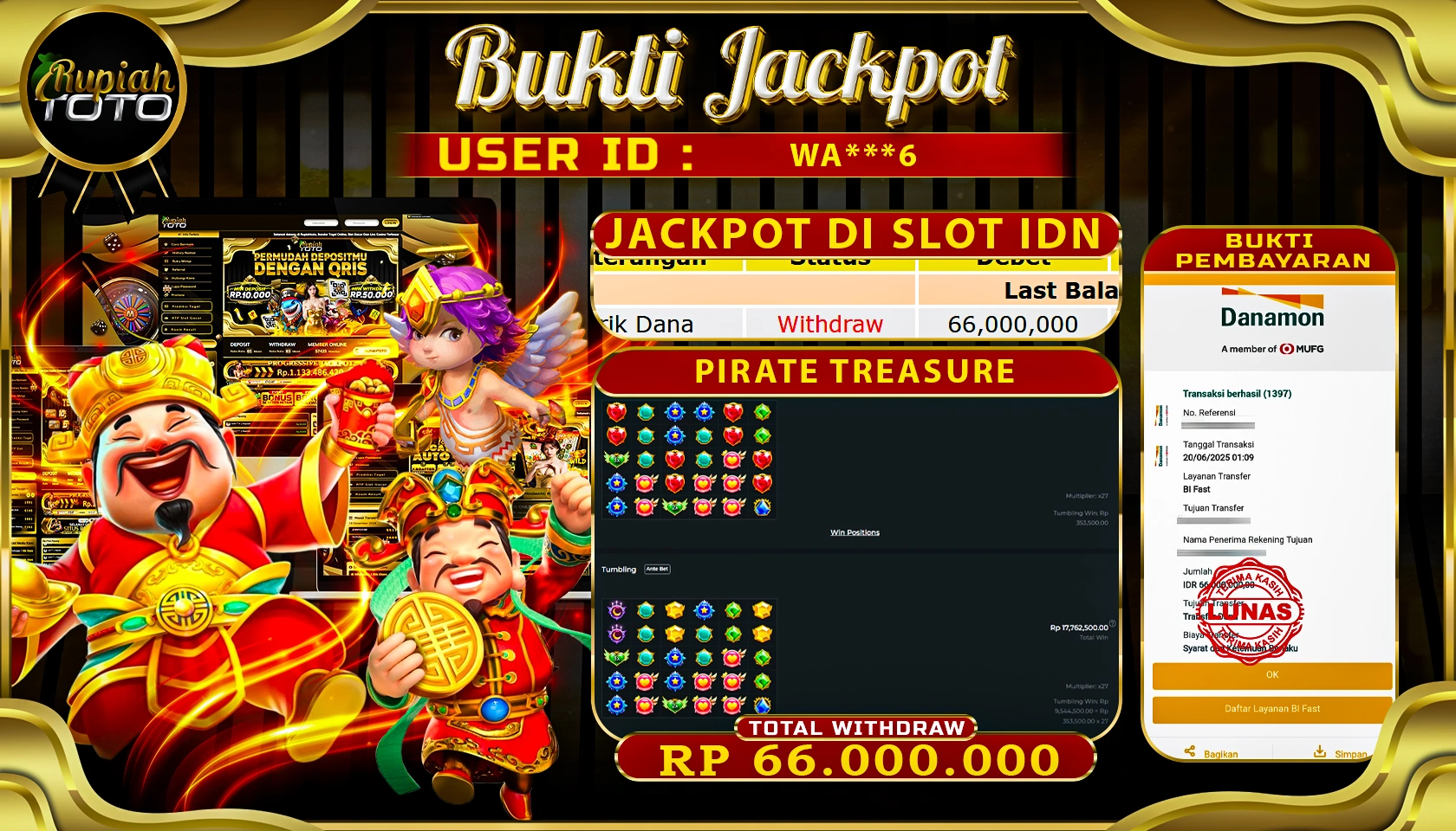 RUPIAHTOTO JACKPOT DI SLOT IDN GAME PIRATE TREASURE RP 66.000.000 JUTA RUPIAH LUNAS