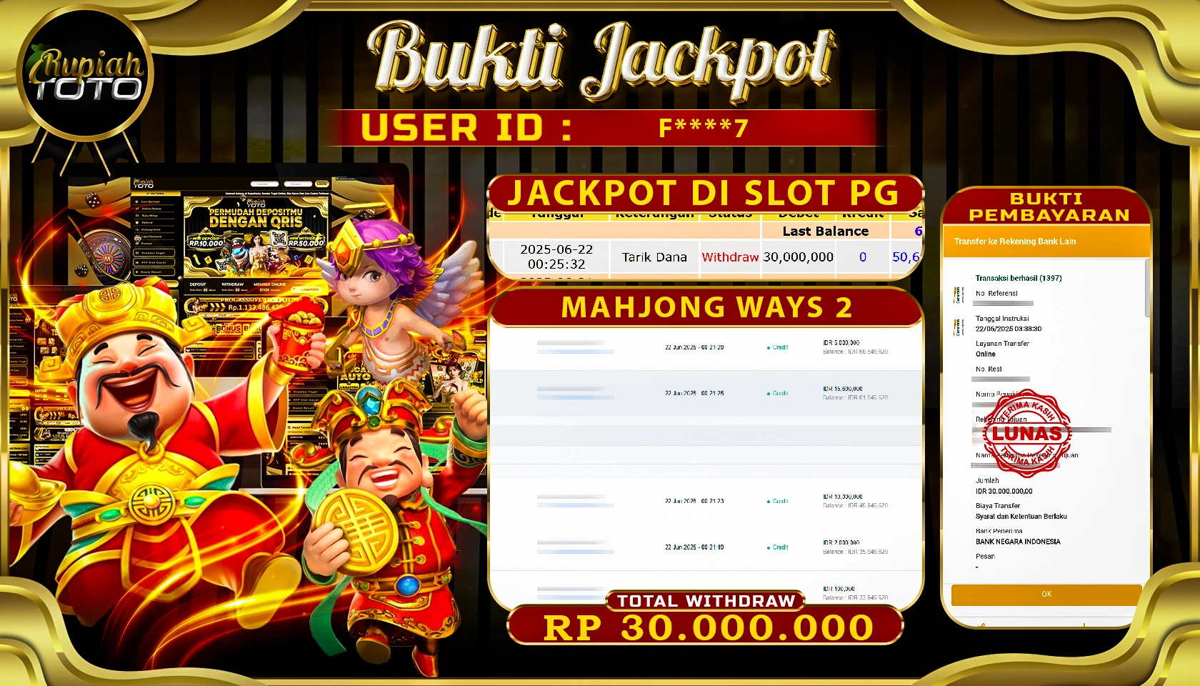 RUPIAHTOTO JACKPOT DI SLOT PGSOFT GAME MAHJONG WAYS 2 RP 30.000.000 JUTA RUPIAH LUNAS